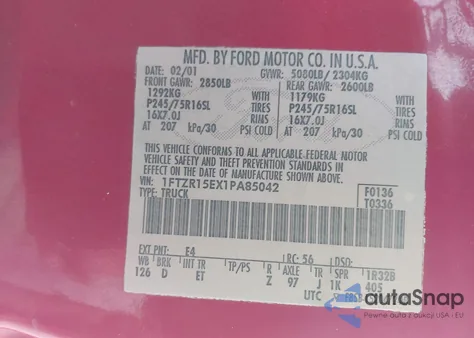 2001 Ford Ranger Edge/Xlt из США, поврежденный, VIN 1FTZR15EX1PA85042